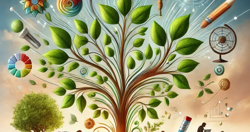 DALL·E 2024-11-18 07.51.59 – A symbolic representation of the importance of education. A tree with vibrant green leaves growing from an open book, symbolizing knowledge and growth