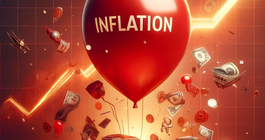 DALL·E 2024-11-18 07.52.55 – A conceptual illustration of inflation. A large red balloon with the word ‘Inflation’ written on it, inflating rapidly and causing smaller objects lik