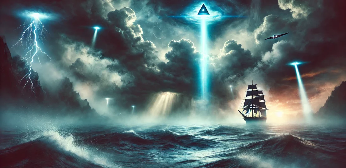 DALL·E 2024-11-19 07.43.06 – A mysterious and atmospheric depiction of the Bermuda Triangle, showing a turbulent ocean under a stormy sky with dark clouds and streaks of lightning