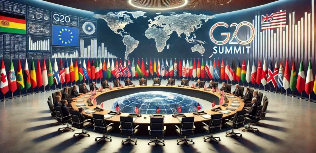 DALL·E 2024-11-19 07.46.44 – A symbolic representation of the G20 summit, featuring a large round table with flags of 20 nations (including the European Union) arranged around it