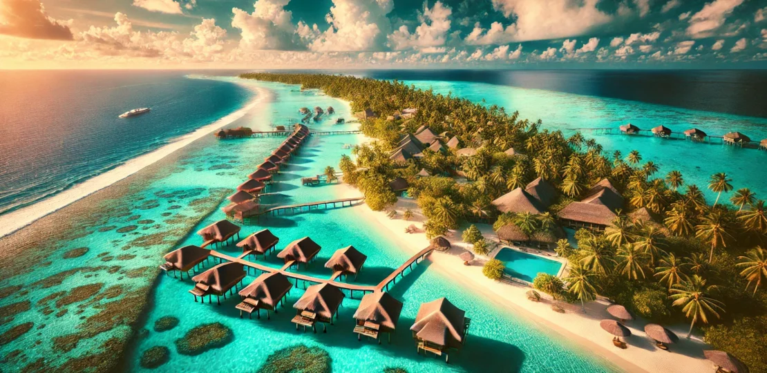 DALL·E 2025-01-06 08.15.26 – A breathtaking view of the Maldives, featuring crystal-clear turquoise waters, overwater bungalows with thatched roofs, white sandy beaches lined with