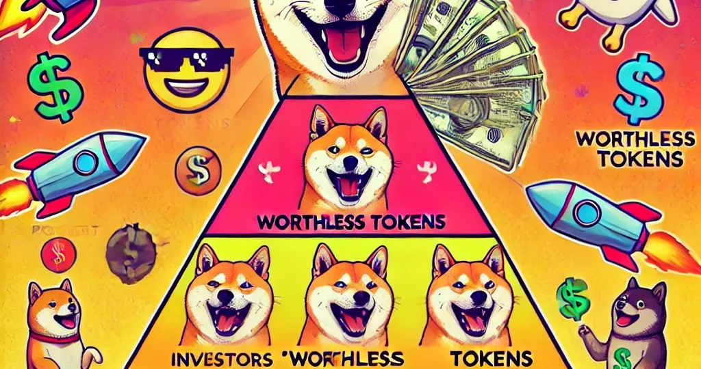 DALL·E 2025-01-20 08.13.32 – A humorous illustration of a Shiba Inu dog at the top of a pyramid scheme diagram, surrounded by colorful meme icons like rocket ships, dollar signs,